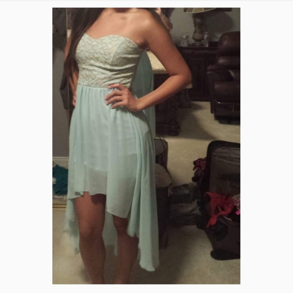 Seafoam Green Gold Detail Hi-Low Dress